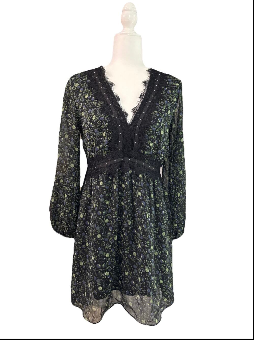 ZARA Babydoll Dress Womens Small Green Dark Floral V-Neck Fairy Whimsy